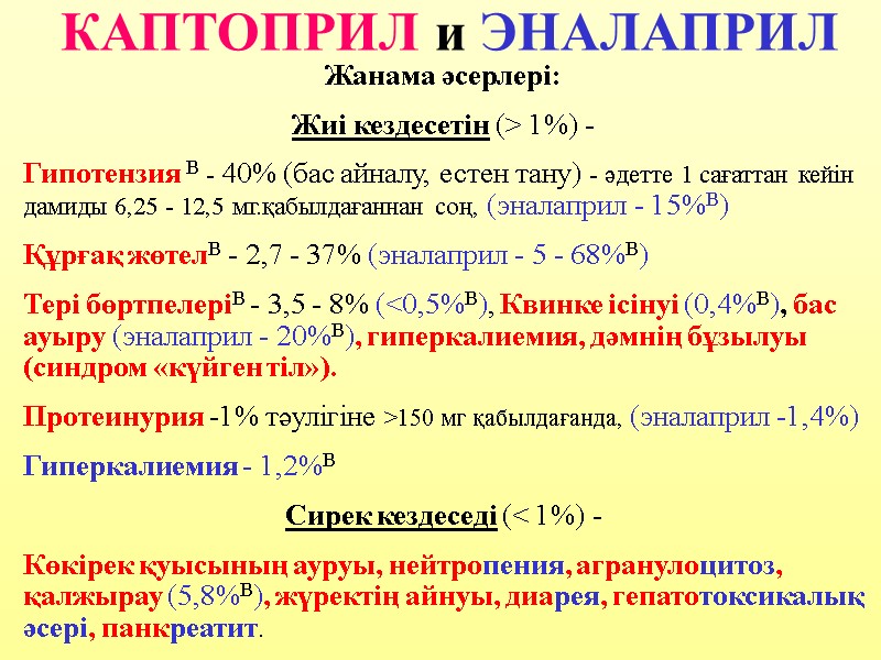 КАПТОПРИЛ и ЭНАЛАПРИЛ Жанама әсерлері: Жиі кездесетін (> 1%) -   Гипотензия В